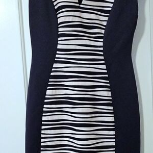 Connected Apparel Blue and Tan Striped Dress